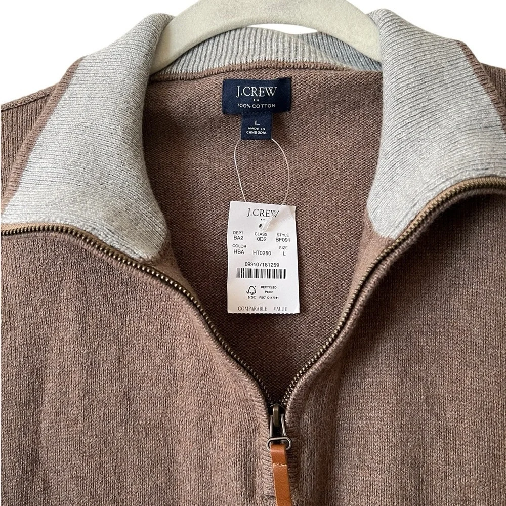 NWT! J.Crew 100% Cotton Half Zip Sweater, Med. Brown w/ Gray Collar BF091